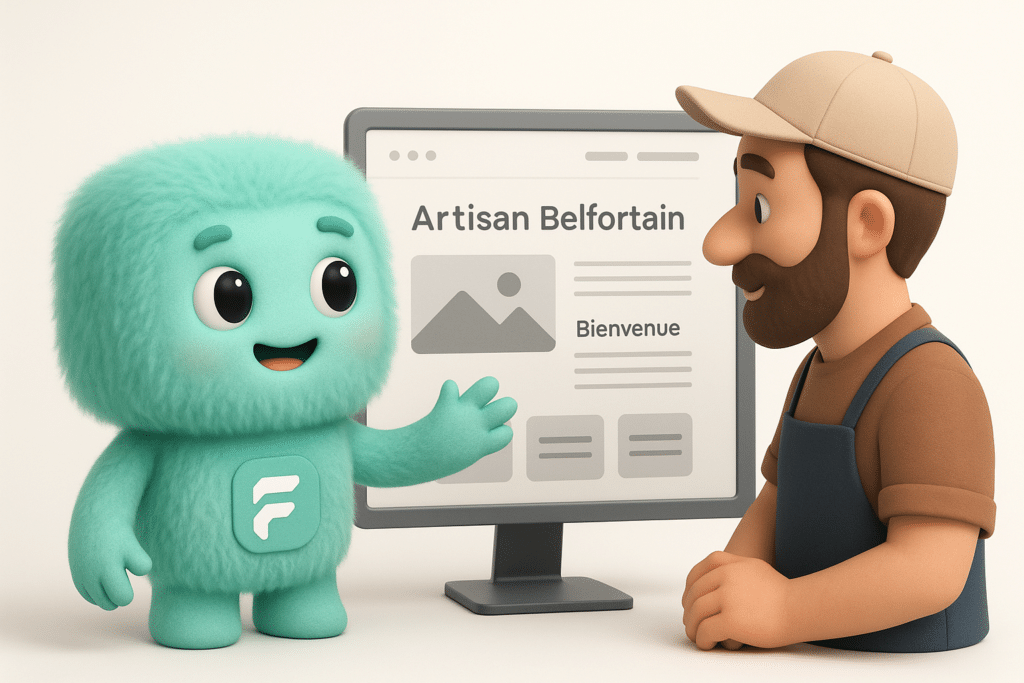 Mascotte FACTY expliquant les étapes de création de site internet à un artisan de Belfort