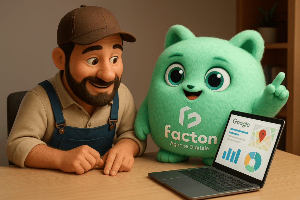FACTY montrant à un artisan la gestion d’une fiche Google Business Profile sur ordinateur