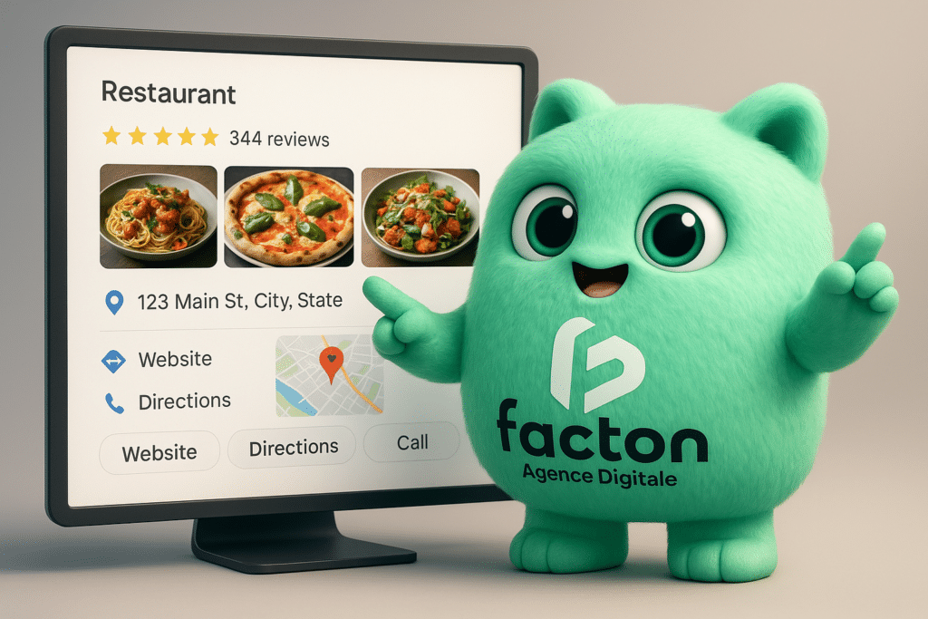 FACTY devant une interface Google Business Profile d’un restaurant avec photos attractives et avis clients