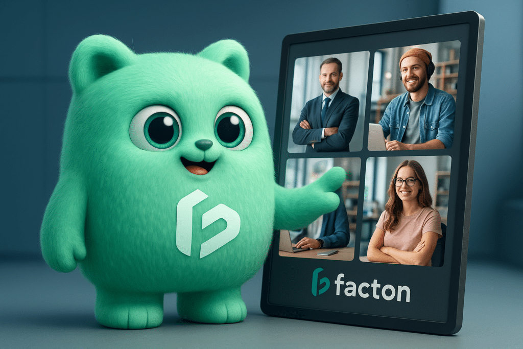 Personnage FACTY consultant un portfolio de photos corporate avec différents styles