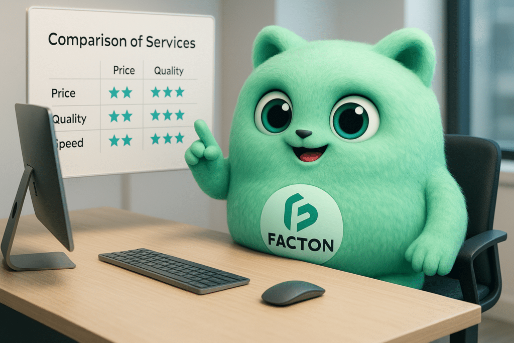 Personnage FACTY devant un tableau comparatif de prestations photo corporate