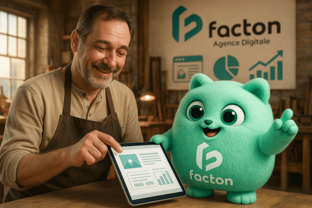 FACTY de l'agence FACTON présentant une maquette de site internet à un artisan à Besançon