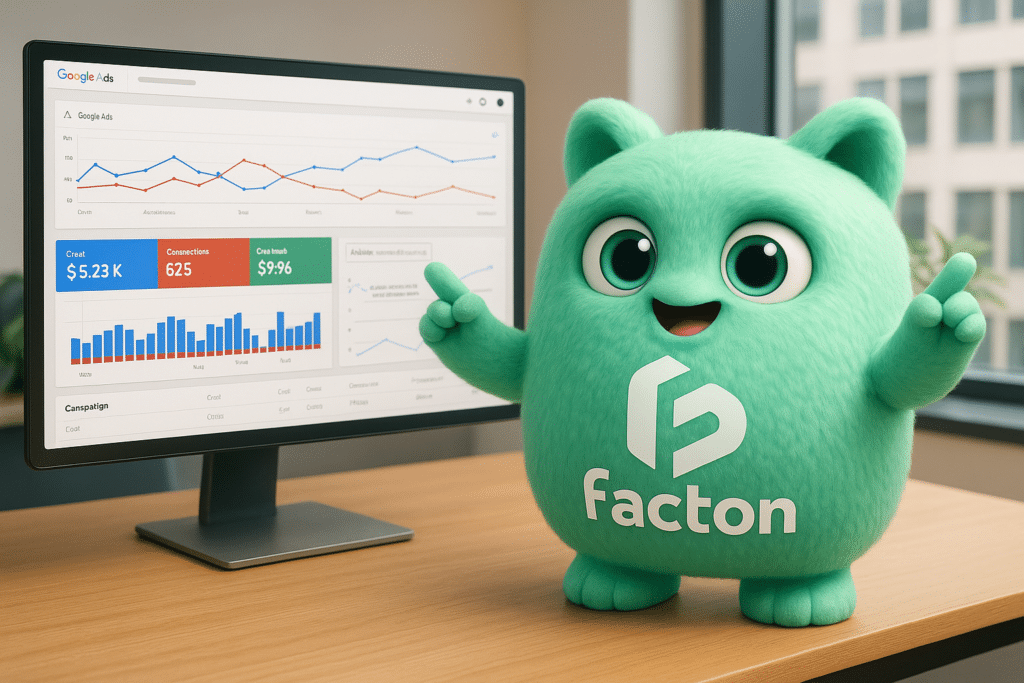 FACTY explique une campagne publicité Google sur un écran, avec graphiques et performances