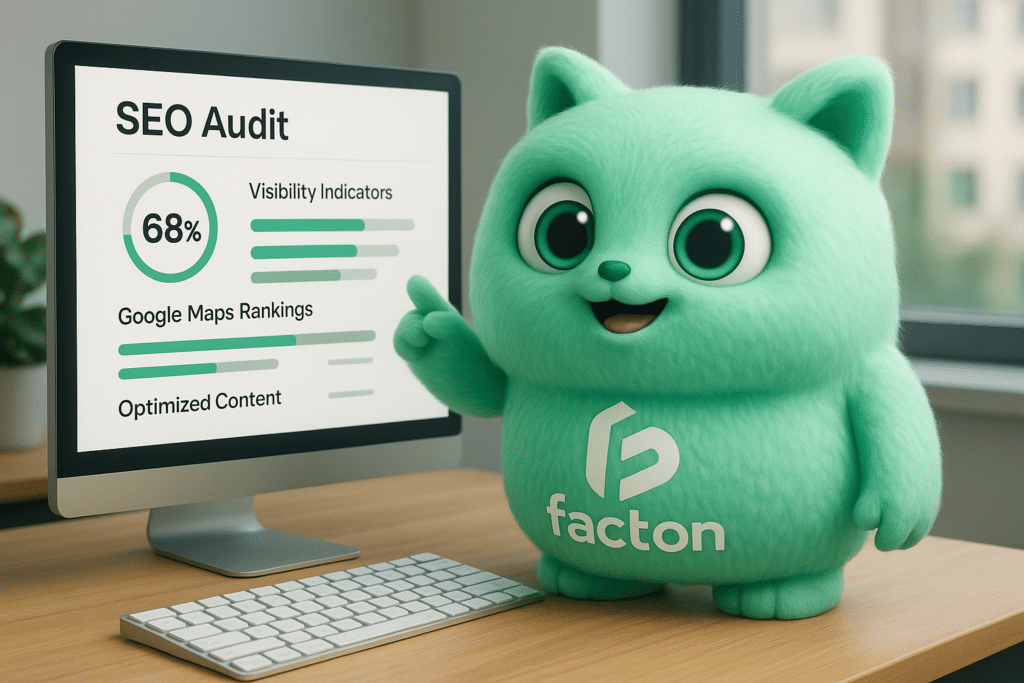FACTY réalise un diagnostic SEO local sur un écran, démontrant les indicateurs clé pour la visibilité Google