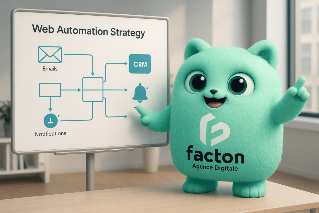 FACTY expliquant une stratégie d’automatisation web sur un tableau blanc digital.