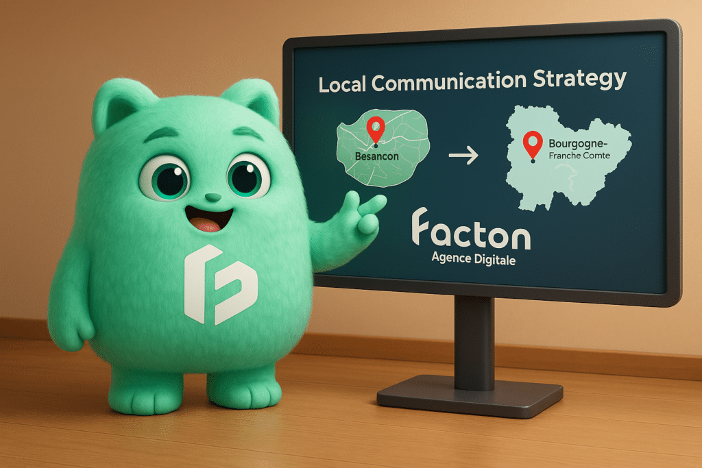 Mascotte FACTY présentant une carte de la stratégie de communication locale à Besançon
