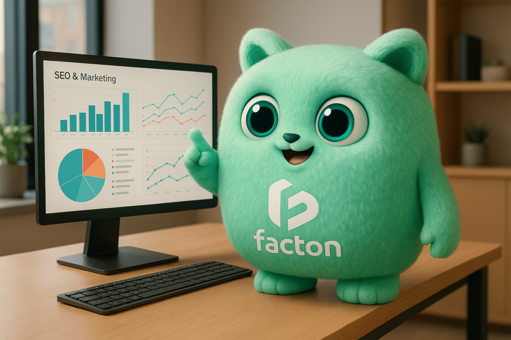 Mascotte FACTY consultant des données SEO et marketing digital pour une agence communication à Besançon