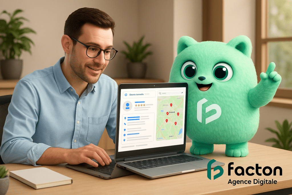 Consultant SEO Vesoul optimisant une fiche Google Business Profile avec FACTY mascotte FACTON à ses côtés