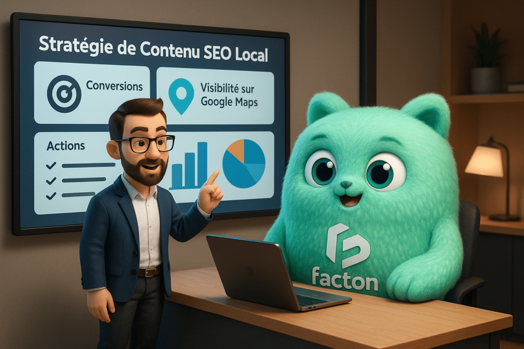 Consultant SEO Vesoul présentant une stratégie de contenu et optimisation locale avec la mascotte FACTY FACTON