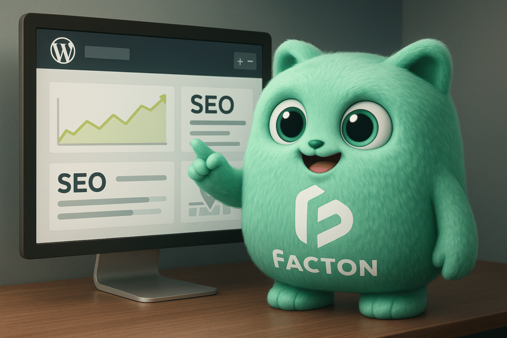 Personnage FACTY devant un écran WordPress analysant le SEO local d'un site internet