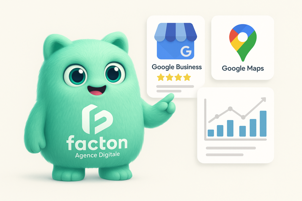 Personnage FACTY expliquant l'optimisation Google Business Profile et visibilité locale