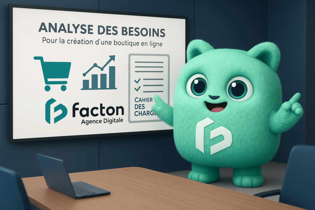 Le personnage FACTY de FACTON explique l’analyse des besoins pour une création de boutique en ligne réussie.