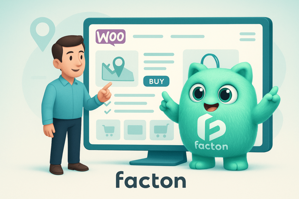 Le personnage FACTY et un client discutent autour d’une page produit optimisée pour une boutique en ligne performante.