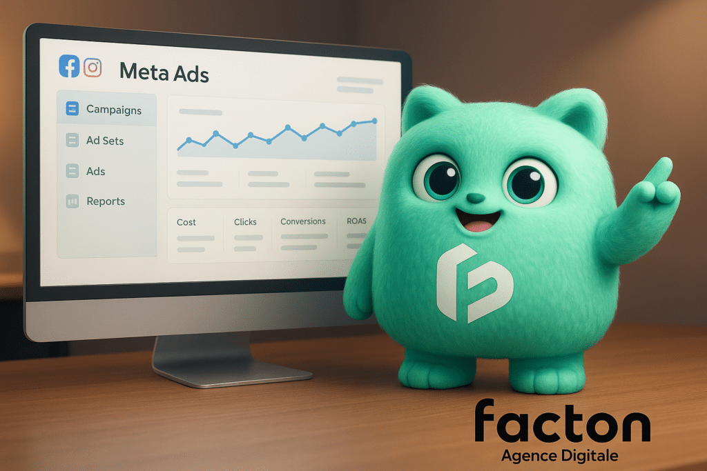 FACTY expliquant une campagne Meta Ads sur un écran avec interface et graphiques, illustration 3D professionnelle.