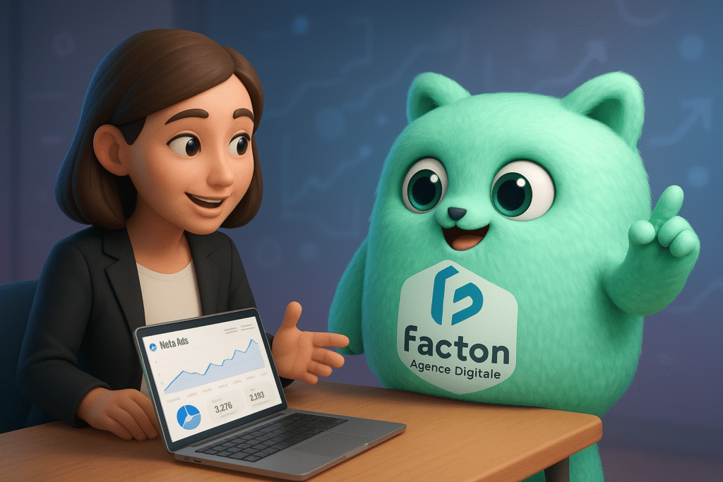 FACTY accompagnant un client sur les résultats d’une publicité Meta Ads, illustration 3D professionnelle et chaleureuse.