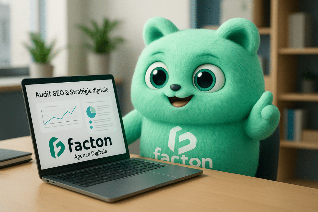 Personnage FACTY en situation d’audit SEO et stratégie digitale sur laptop, accompagnant un client
