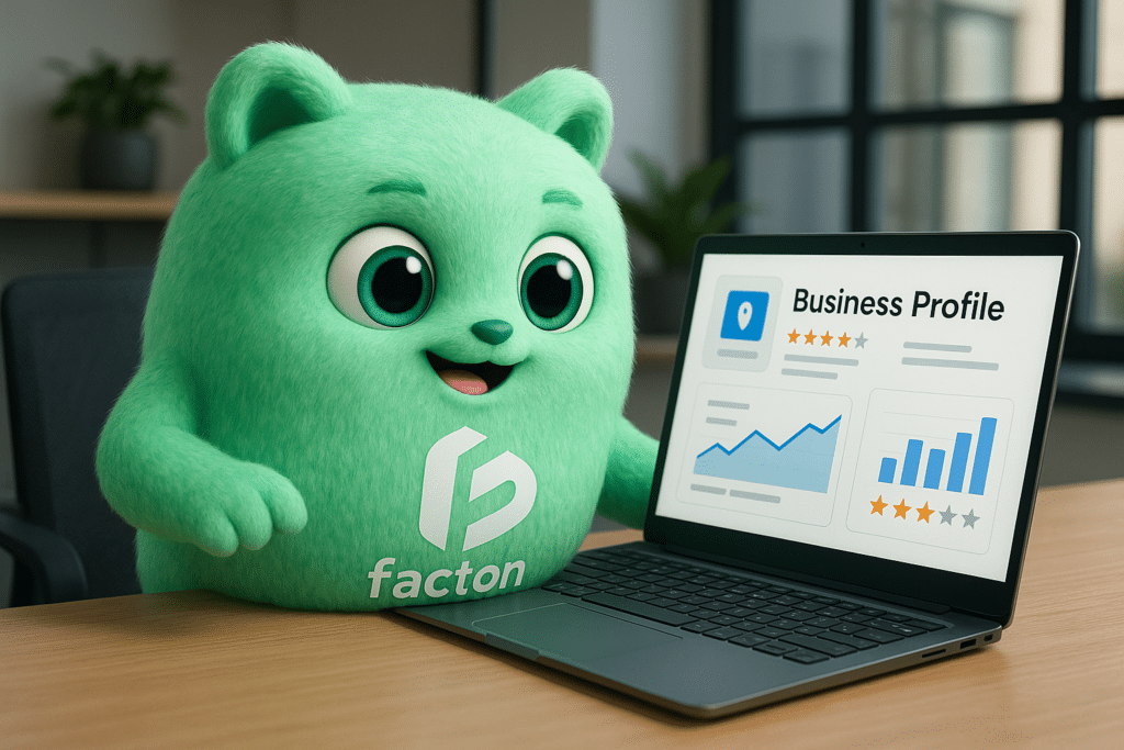 Le personnage FACTY analyse les avis et statistiques d’une fiche Google Business Profile