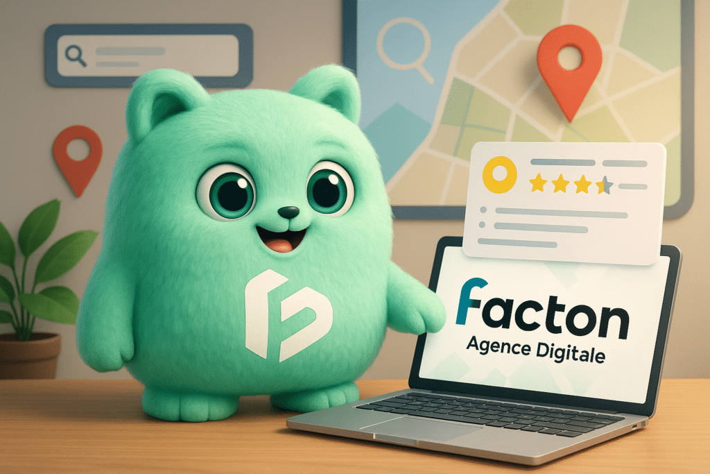 Personnage FACTY consultant une fiche Google Business Profile optimisée sur un ordinateur portable