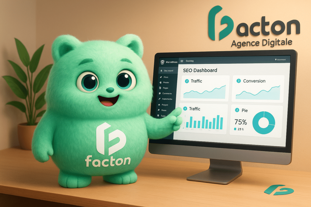 Personnage FACTY expliquant une stratégie SEO sur un site WordPress en agence à Vesoul