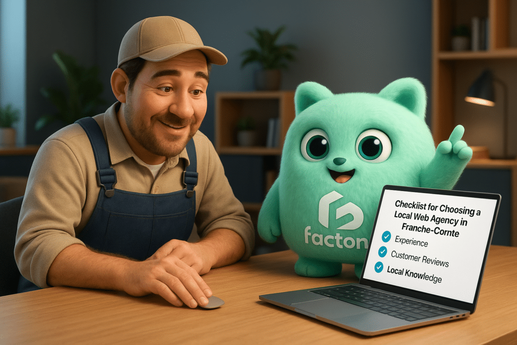 FACTY accompagnant un artisan devant une checklist pour choisir une agence web en Franche-Comté