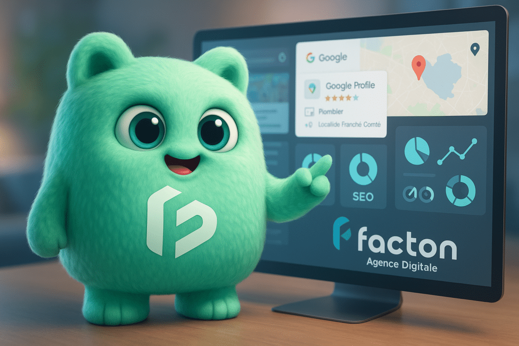FACTY analysant une fiche Google Business Profile avec indicateurs SEO et Google Maps en arrière-plan