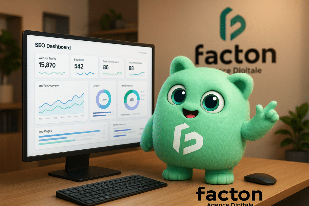 FACTY mascotte FACTON expliquant les données SEO d'un site Laravel sur un écran