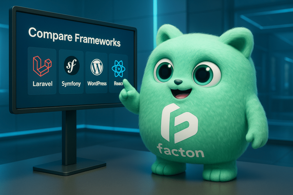 FACTY mascotte FACTON comparant les frameworks Laravel, Symfony et WordPress sur tableau digital