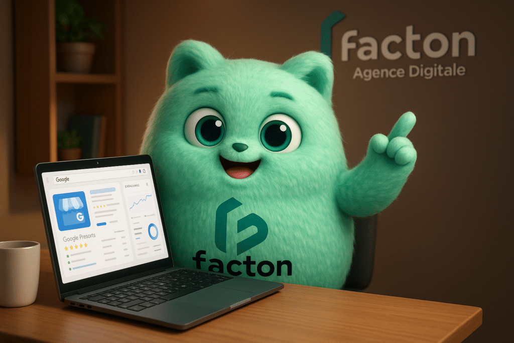 FACTY consultant devant ordinateur avec interface Google Business Profile et outils SEO