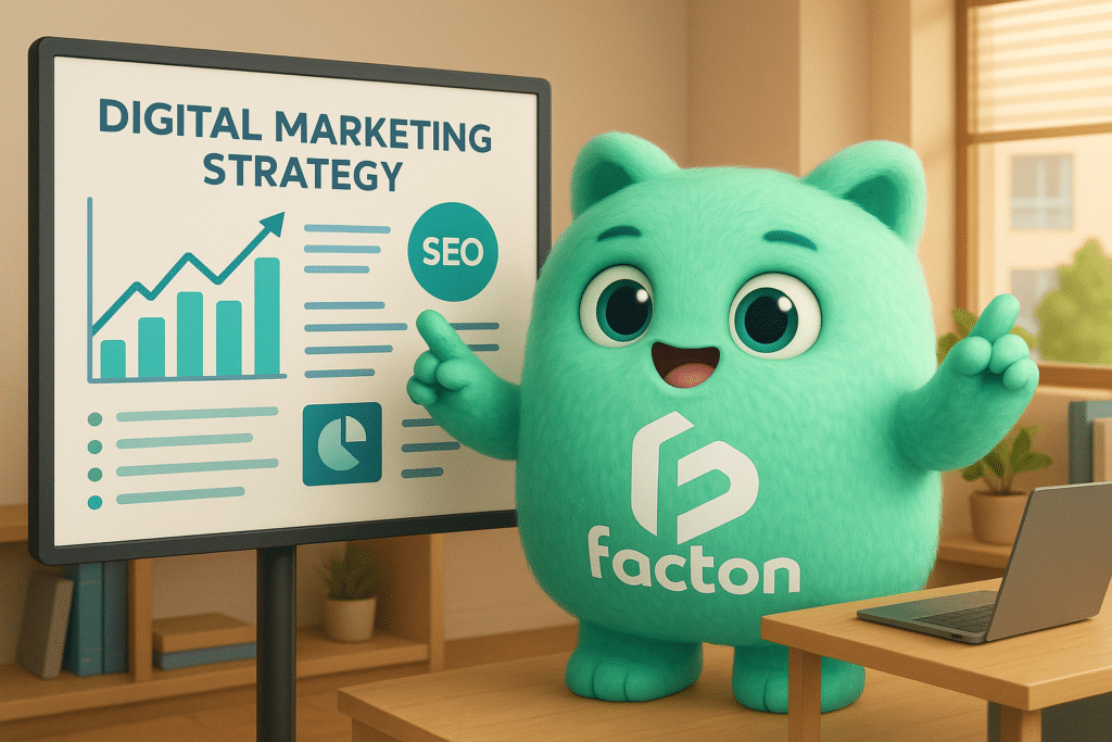 Le personnage FACTY en situation d'explication d'une stratégie digitale dans une agence communication à Vesoul