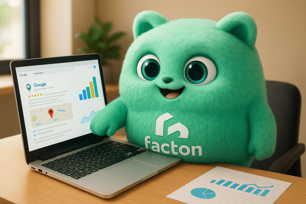 Personnage FACTY analysant une fiche Google Business Profile dans une agence communication à Vesoul