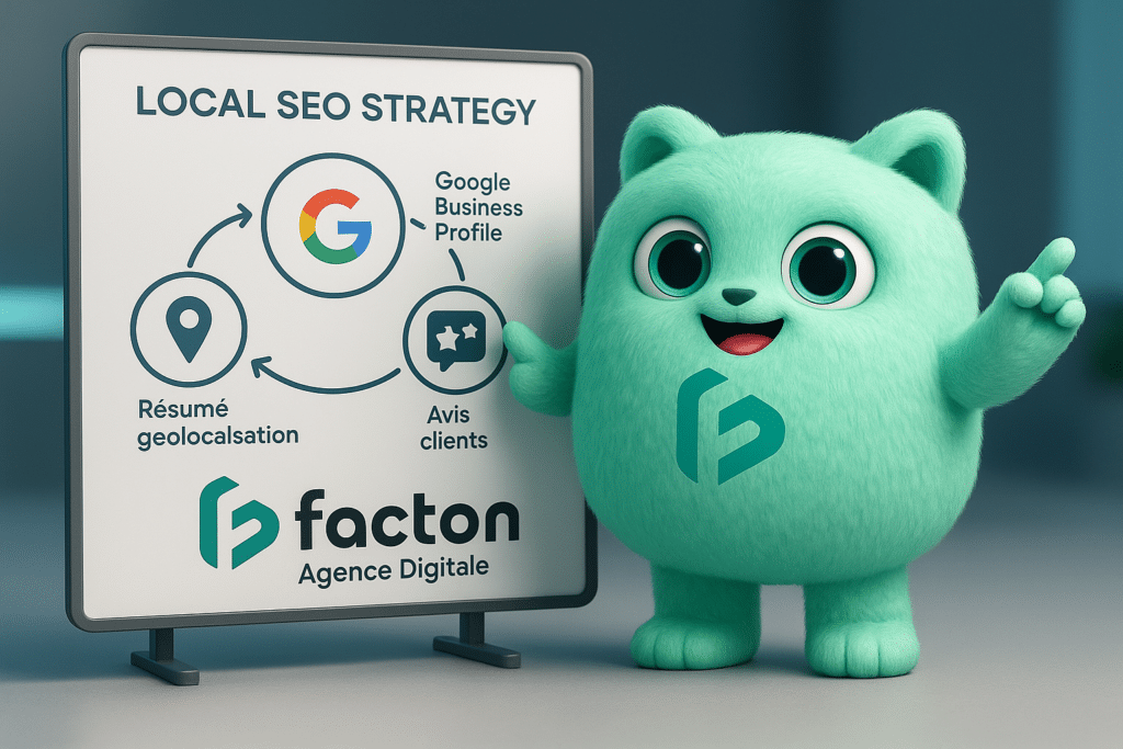 Mascotte FACTY expliquant une stratégie SEO local sur un tableau numérique