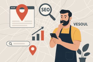Commerçant de Vesoul concentré sur l’optimisation SEO local avec une carte de la région en fond