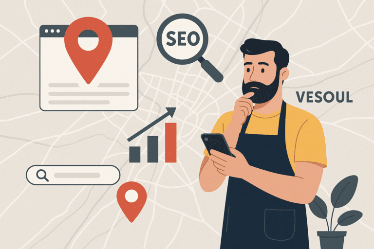 Commerçant de Vesoul concentré sur l’optimisation SEO local avec une carte de la région en fond