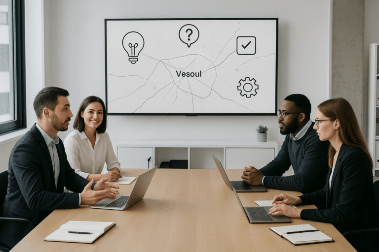 Agence de communication à Vesoul en pleine séance de travail pour stratégie locale