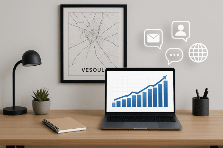 Bureau avec écran montrant des graphiques de croissance et la carte de Vesoul symbolisant la communication digitale locale