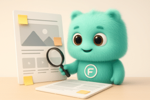 FACTY mascotte turquoise analysant une maquette de site internet pour diagnostic de refonte à Vesoul