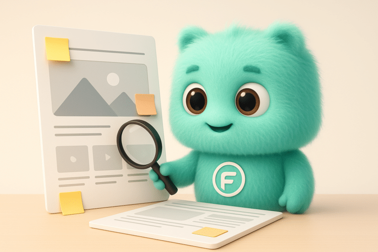 FACTY mascotte turquoise analysant une maquette de site internet pour diagnostic de refonte à Vesoul