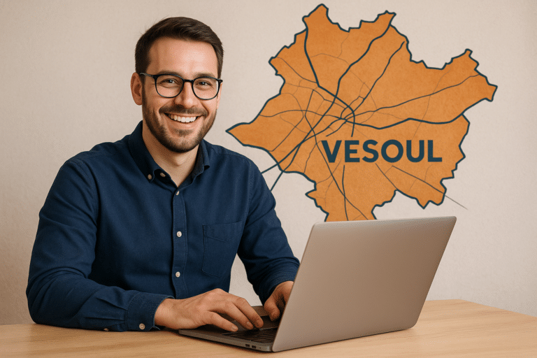 Entrepreneur devant ordinateur avec carte de Vesoul en arrière-plan