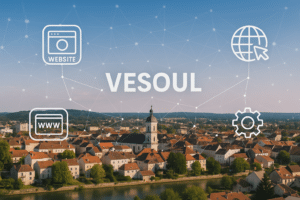 Vue de Vesoul avec superposition graphique symbolisant la création de site internet local