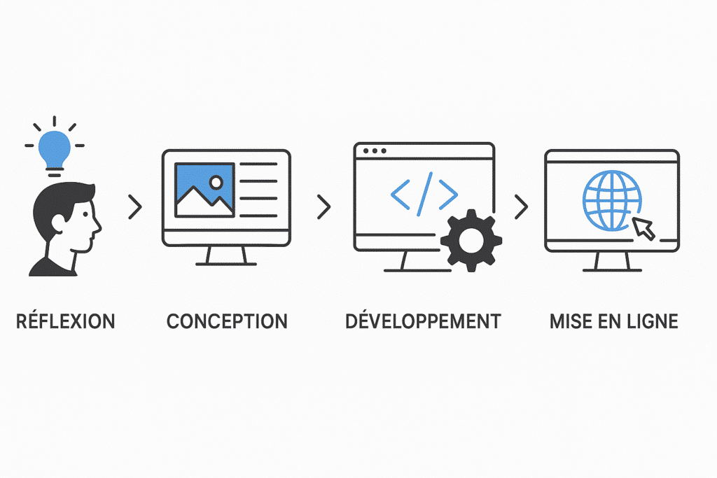 Processus schématisé de création de site internet en plusieurs étapes