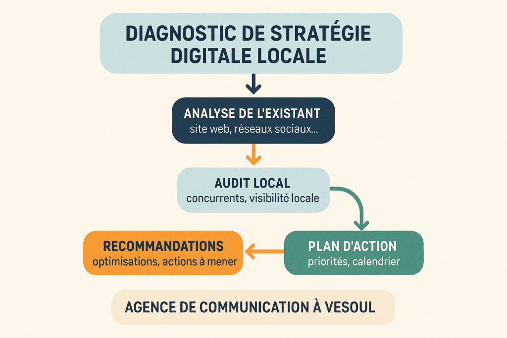 Schéma représentant les étapes d’une stratégie digitale locale pour une agence à Vesoul