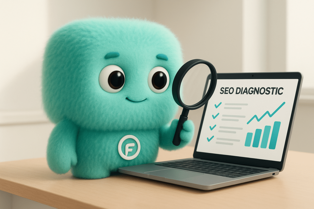 FACTY analyse un diagnostic SEO sur ordinateur avec une checklist de points à optimiser