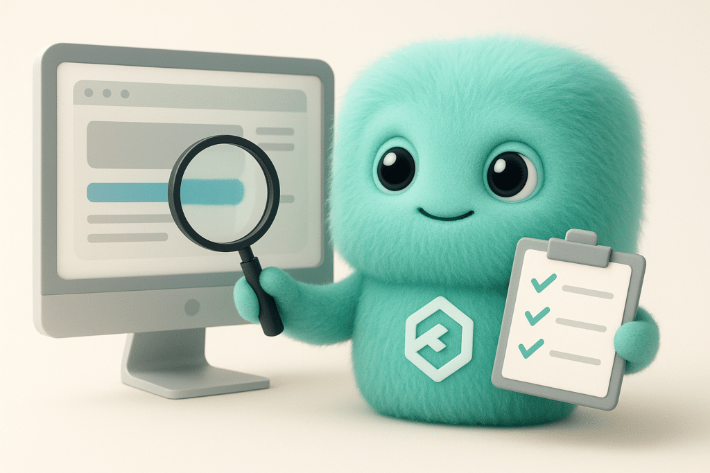 FACTY inspecte un site web sur un écran avec une loupe et une checklist
