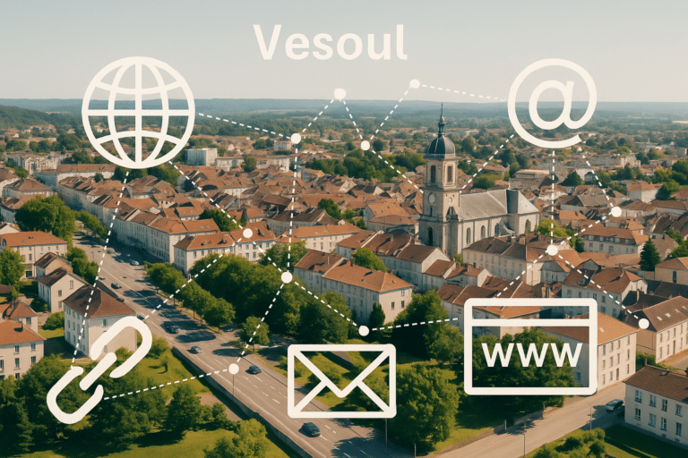Vue aérienne de Vesoul avec illustrations de connexions digitales