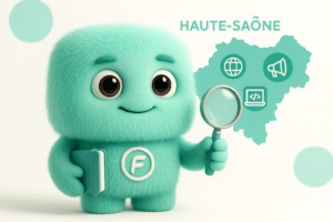 FACTY, mascotte de l'agence FACTON, analysant une carte digitale de la Haute-Saône avec des symboles de communication et de digital