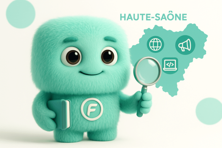 FACTY, mascotte de l'agence FACTON, analysant une carte digitale de la Haute-Saône avec des symboles de communication et de digital