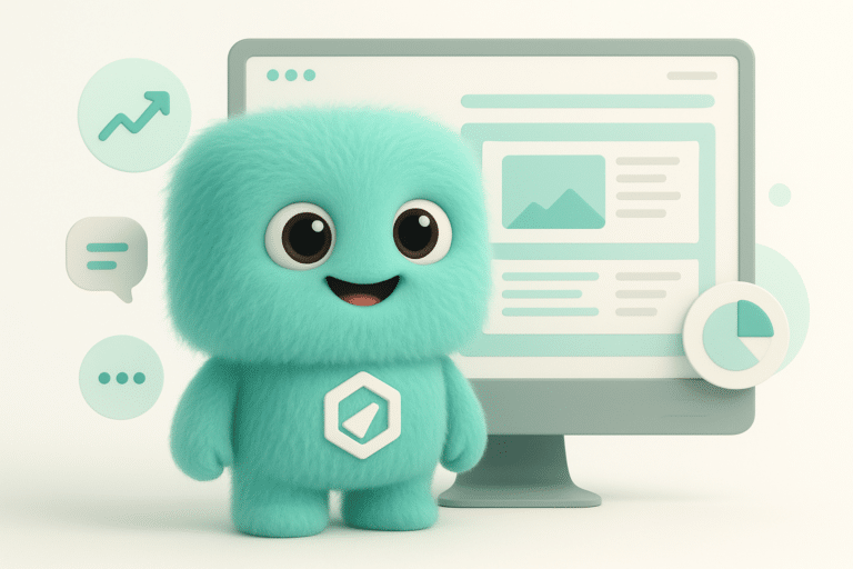 Mascotte FACTY montrant un écran de refonte de site internet avec des graphiques de tendances digitales, design moderne et ambiance professionnelle