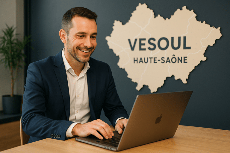 Commerçant travaillant son SEO local à Vesoul devant une carte numérique locale