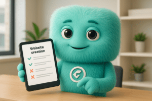 Le personnage 3D FACTY consultant une checklist comparative pour création de site internet
