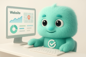 Personnage FACTY réalisant un diagnostic pour la création d’un site internet avec des graphiques et indicateurs à l’écran